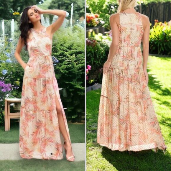 NWT AIDAN MATTOX DRESS GOWN 12 TIERED METALLIC HALTER MAXI LONG CORAL GOLD DOT - Picture 1 of 10
